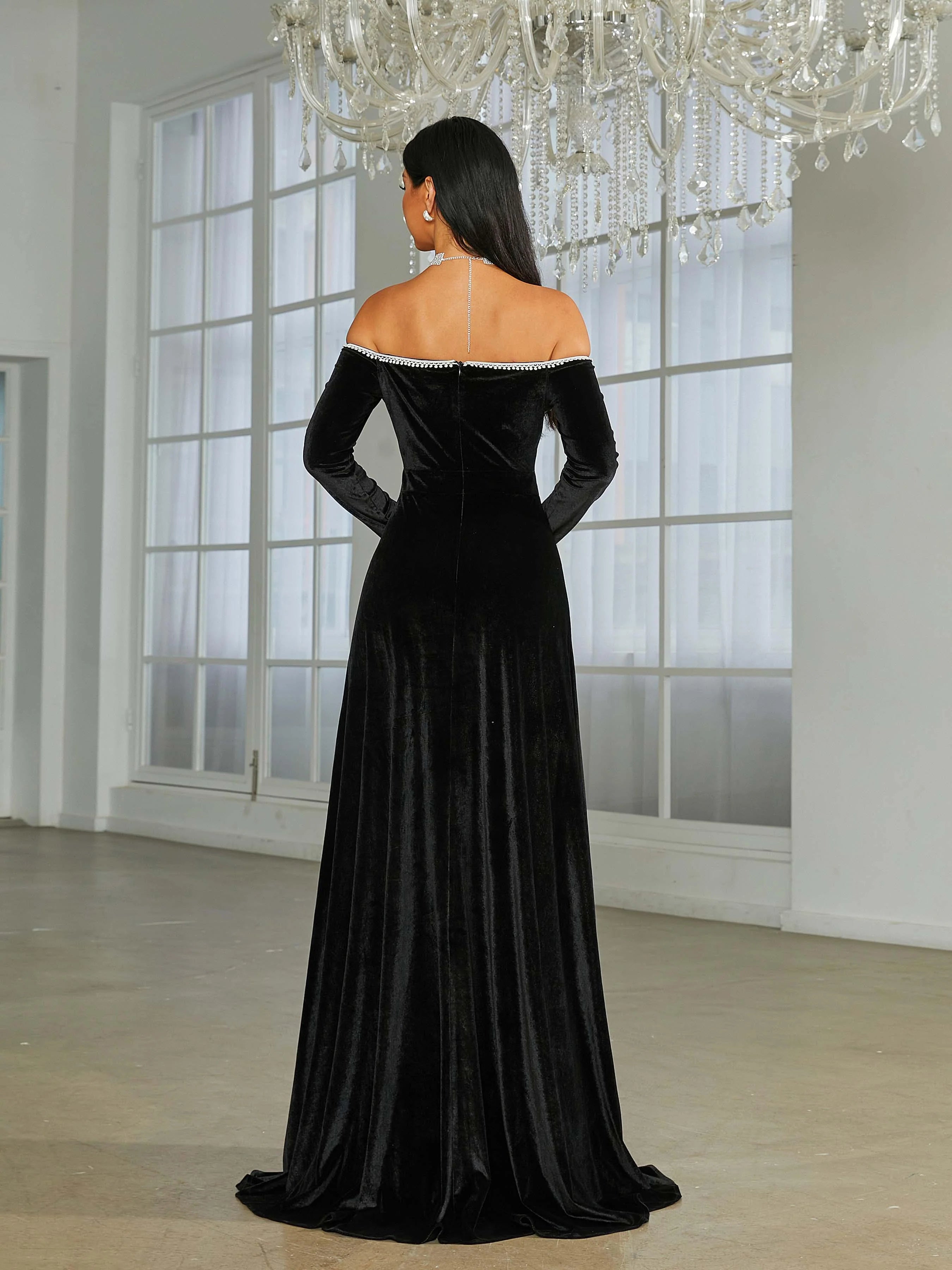 Fashion A-Line Off Shoulder Long Sleeve Back Zip Floor-Length Prom Dress